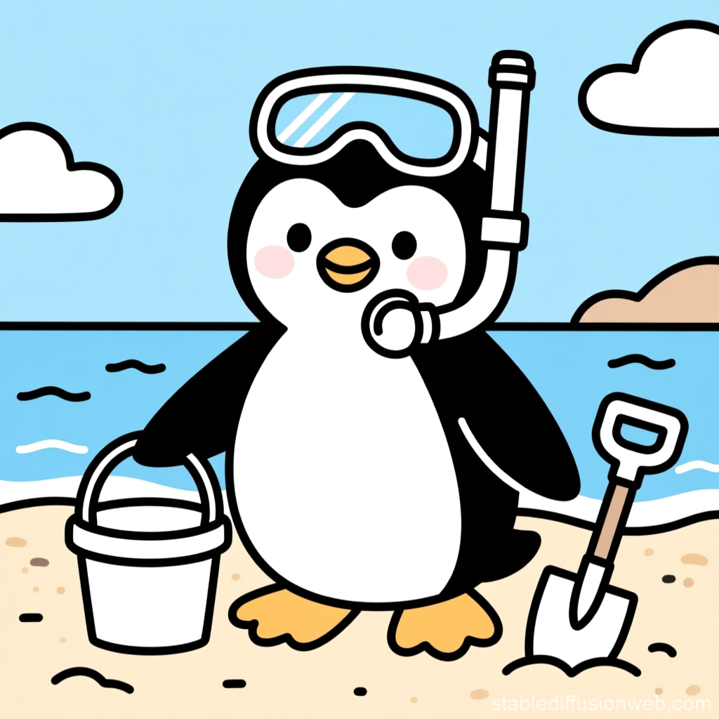 Cute Penguin in Snorkel Gear on the Beach