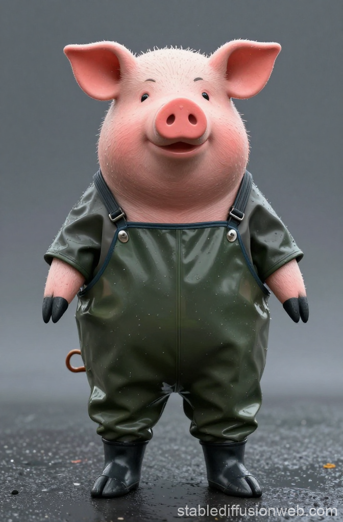 Cute Pig Character in Rain Gear