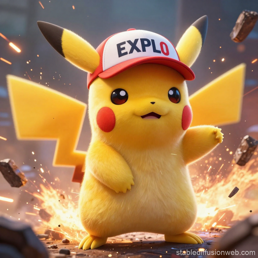 Cute Pikachu Wearing EXPLO Cap in Explosive Scene