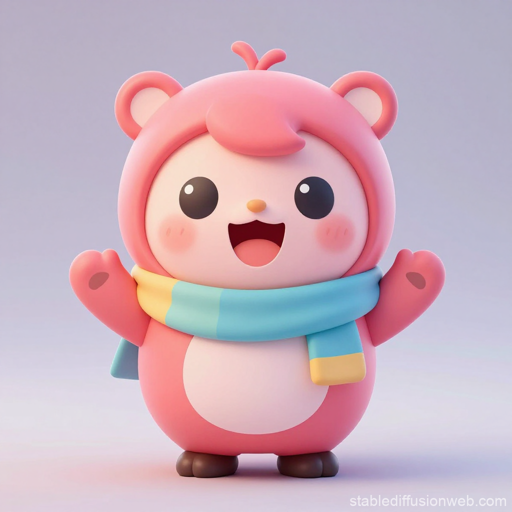 Cute Pink Bear Character with Colorful Scarf