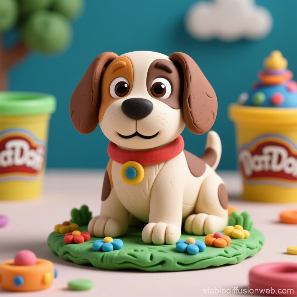 Cute Play-Doh Puppy Sitting on Grass with Flowers