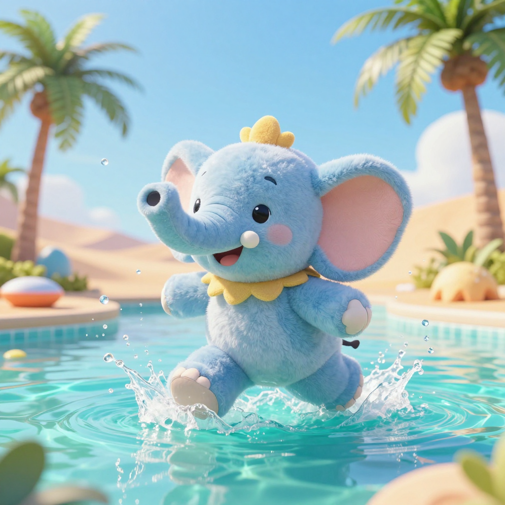 Cute Plush Blue Elephant Splashing in Pool