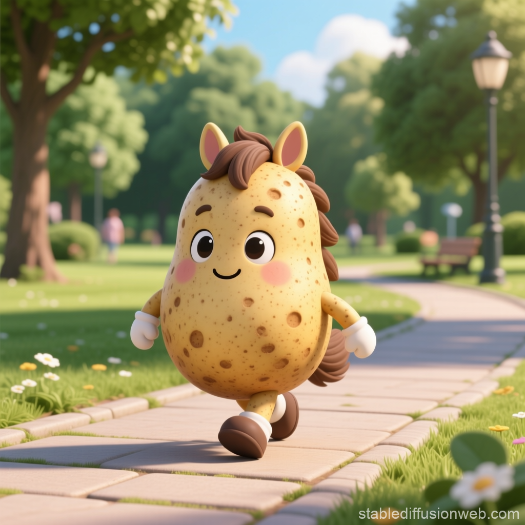 Cute Potato Character Walking in Park