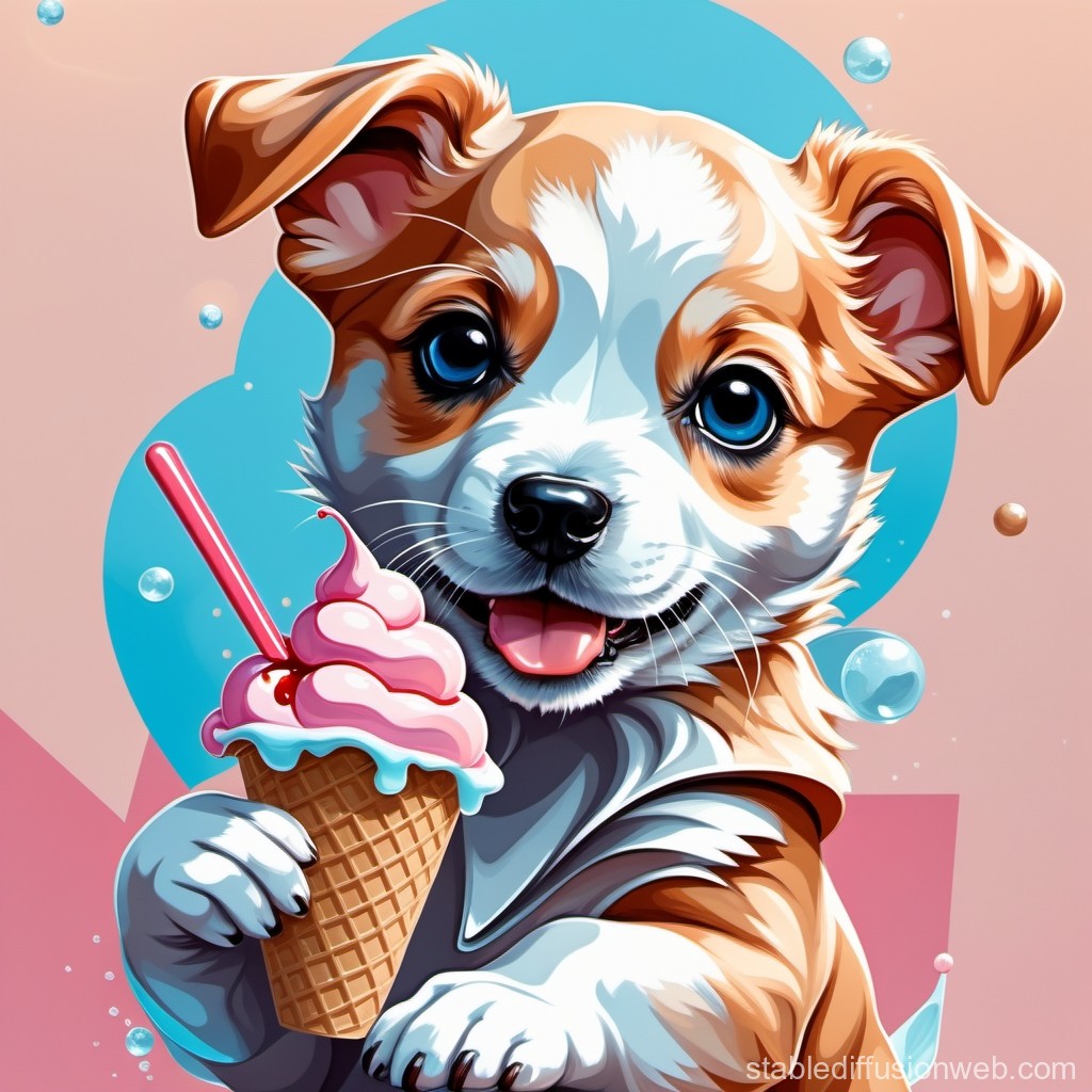 Cute Puppy Enjoying Ice Cream Cone Illustration