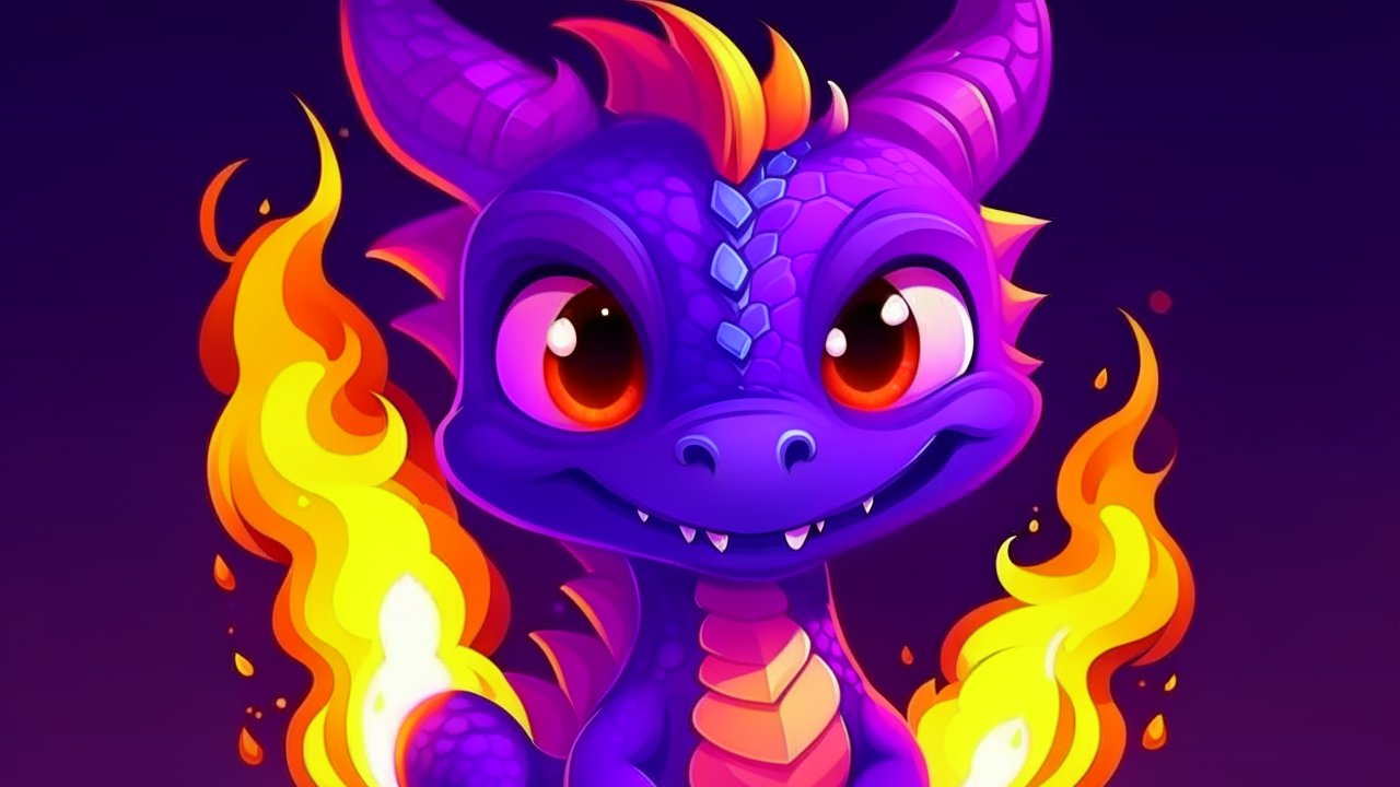 Cute Purple Cartoon Dragon with Flames