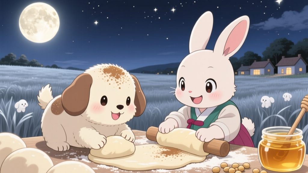 Cute Rabbit and Puppy Making Moon Injeolmi Under Full Moon