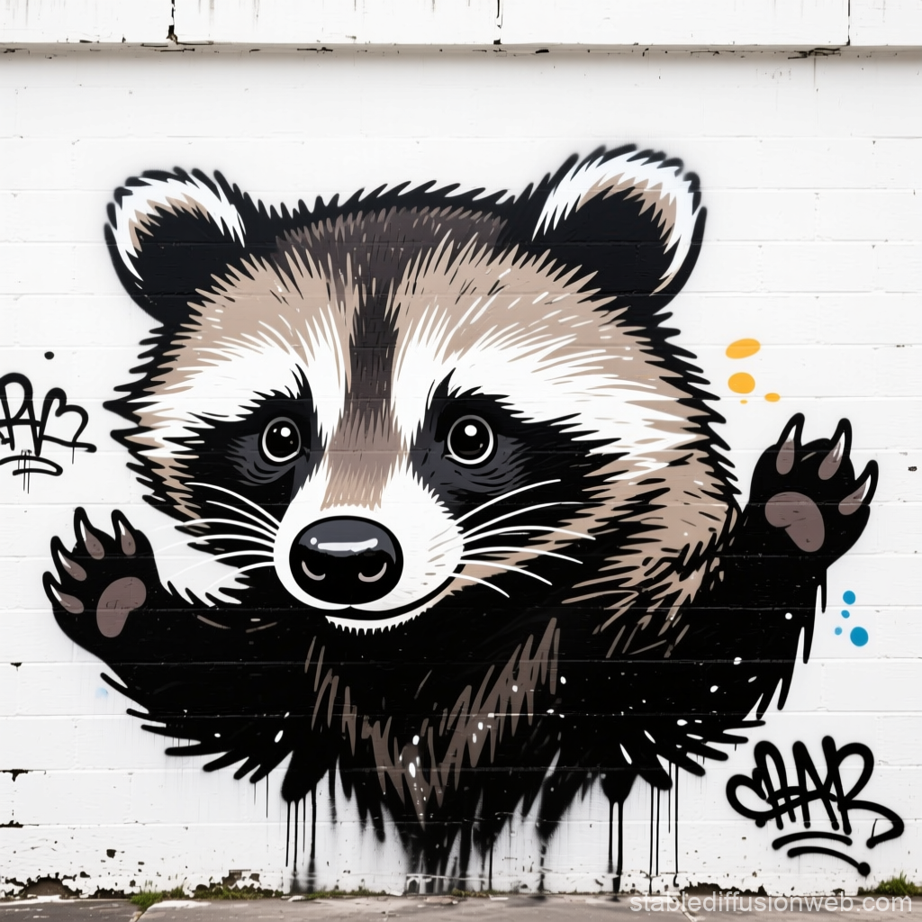 Cute Raccoon Graffiti on White Wall