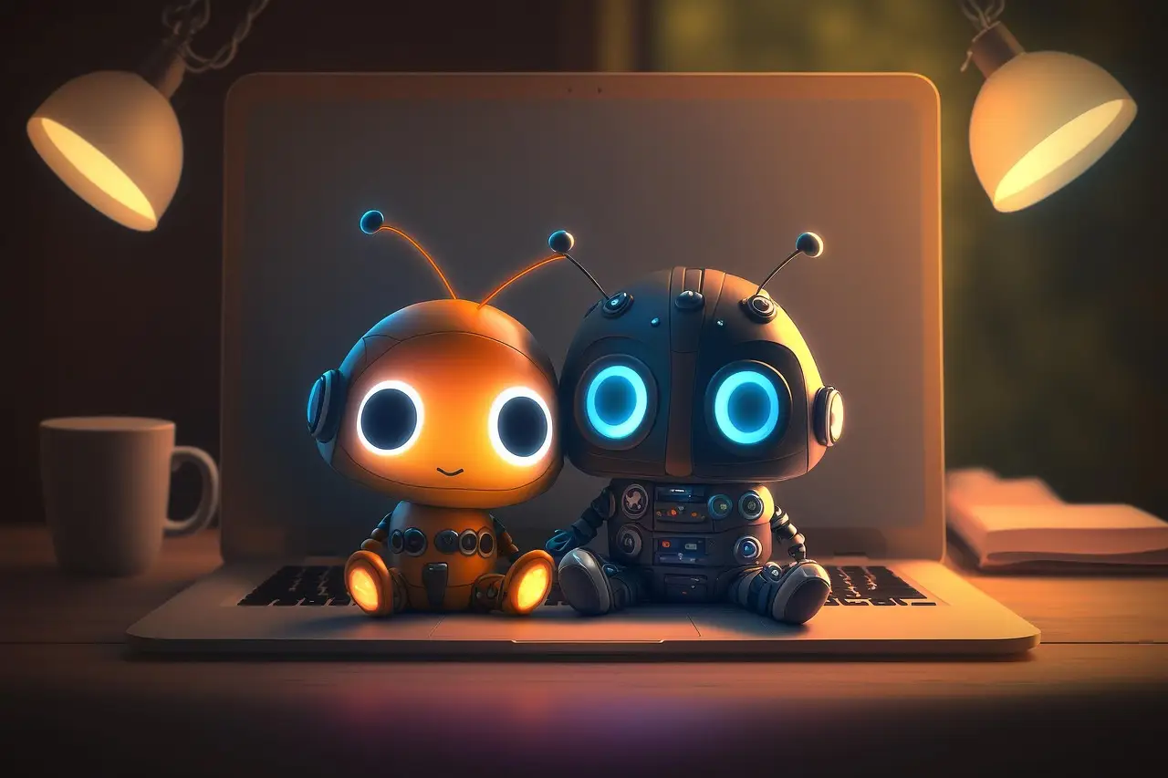 Cute Robot Toys Sitting on Laptop Keyboard
