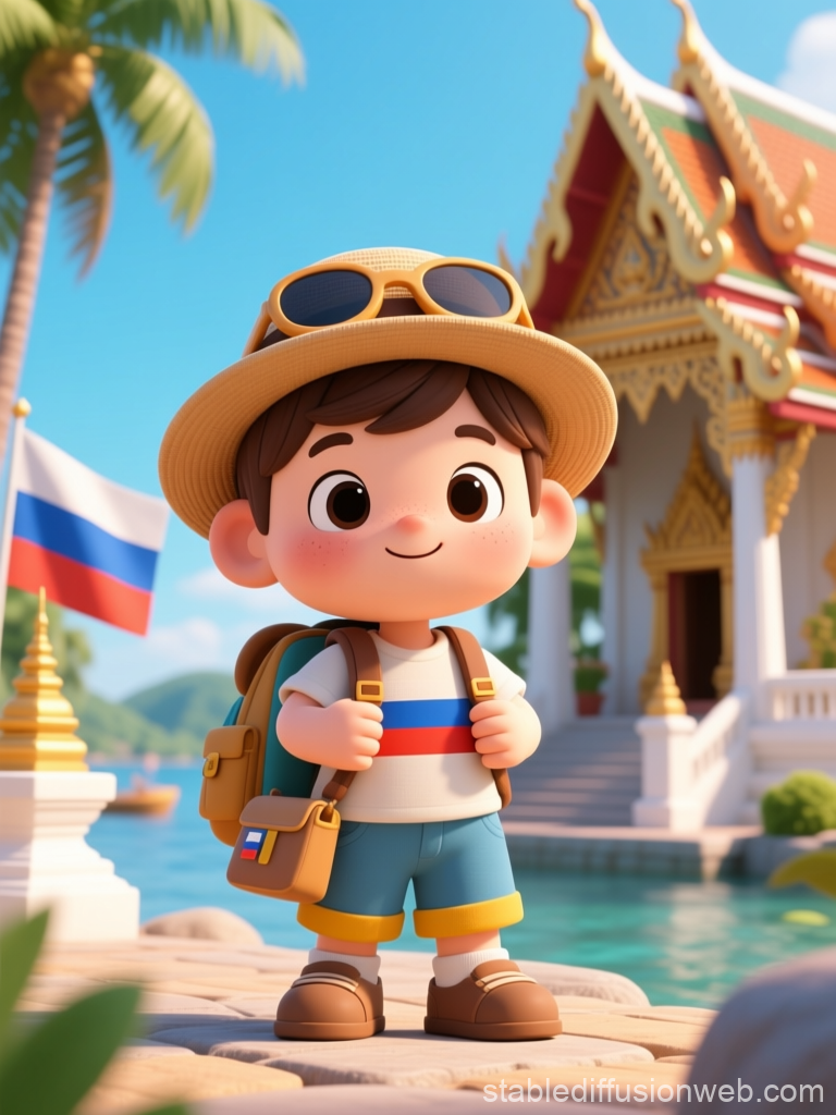 Cute Russian Tourist Boy at Tropical Temple