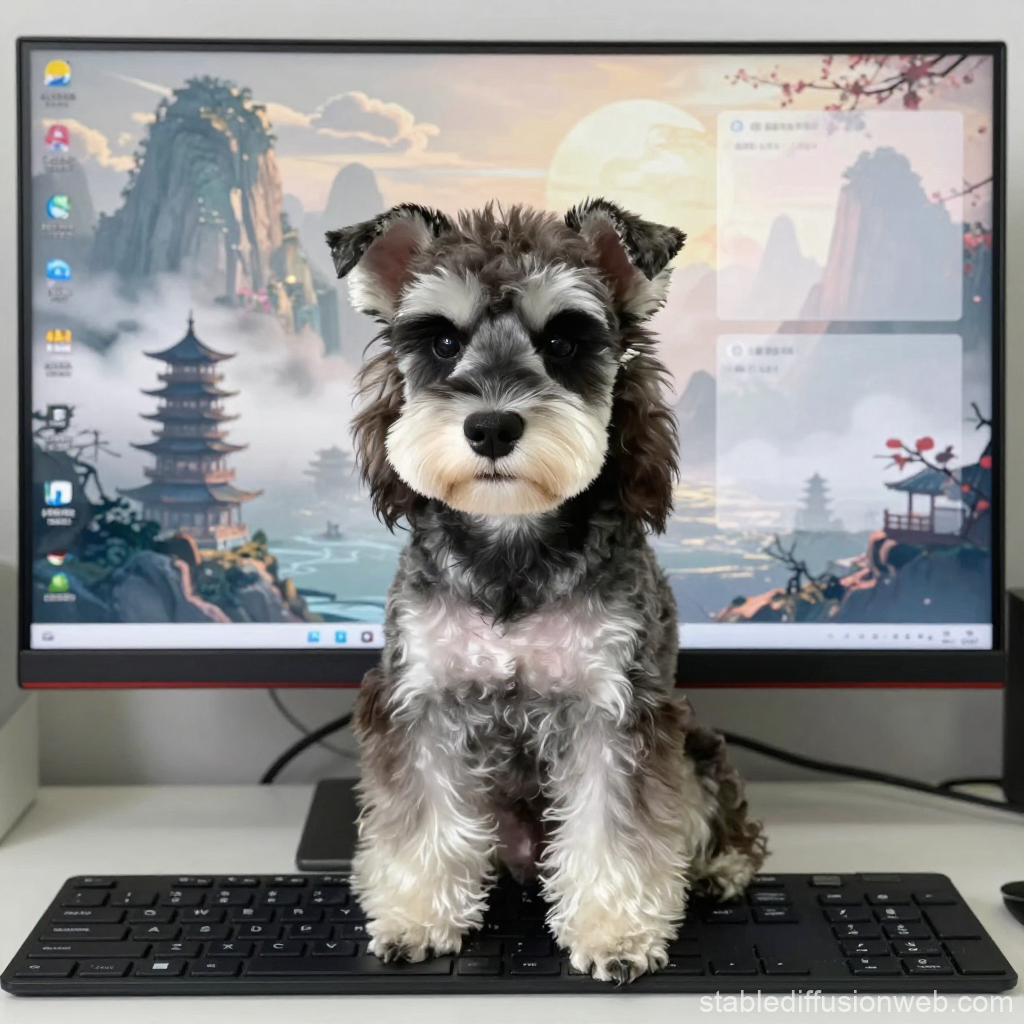 Cute Schnauzer Puppy Sitting on Keyboard in Front of Desktop