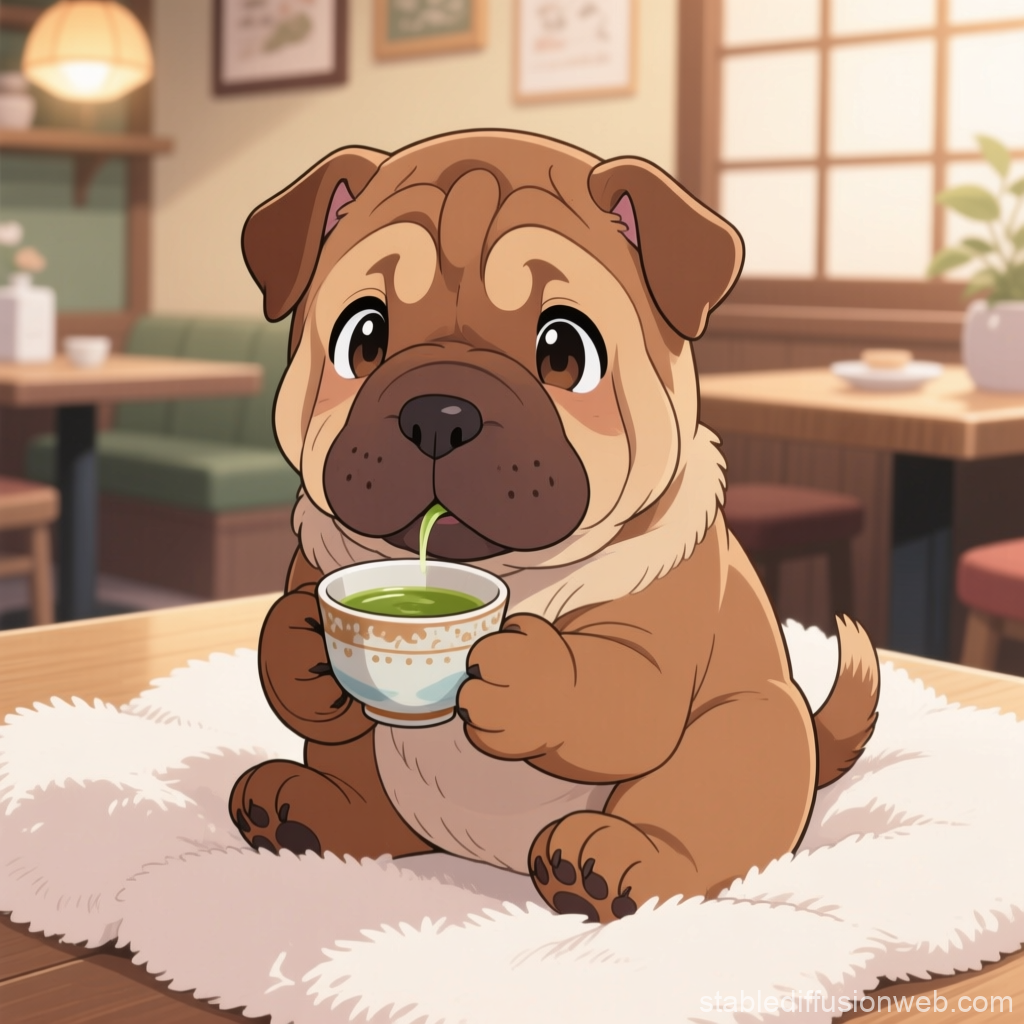 Cute Shar Pei Puppy Sipping Tea in Cozy Cafe