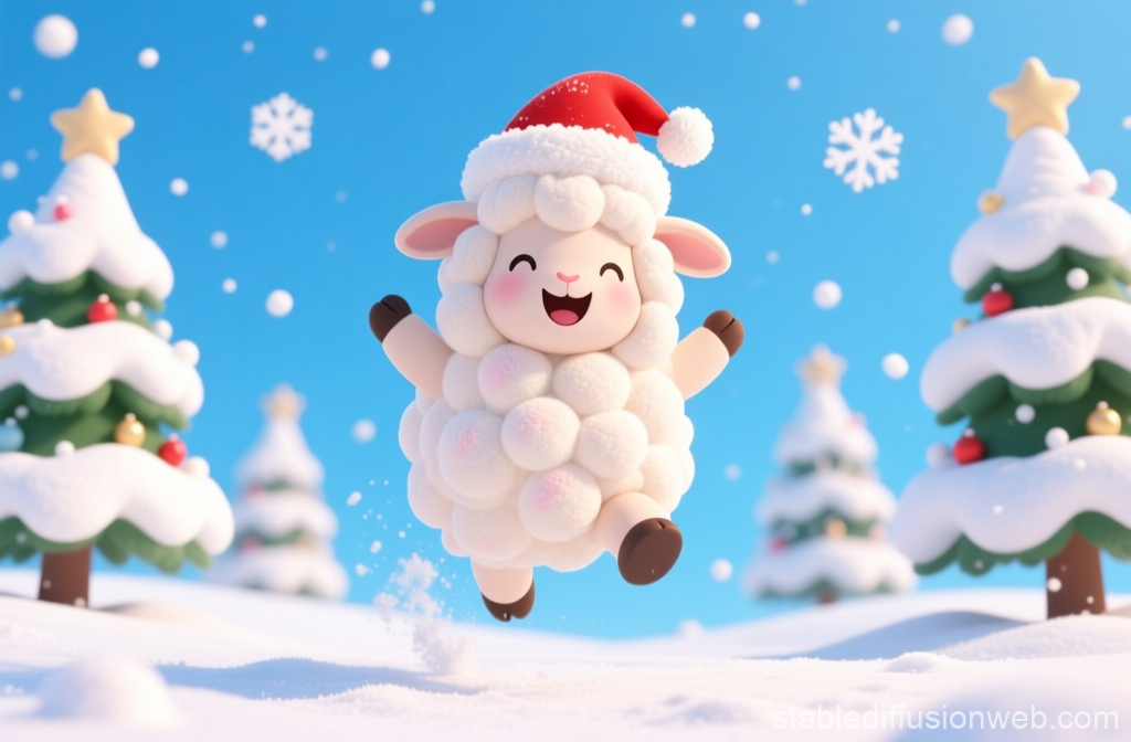 Cute Sheep Jumping in Snowy Christmas Scene