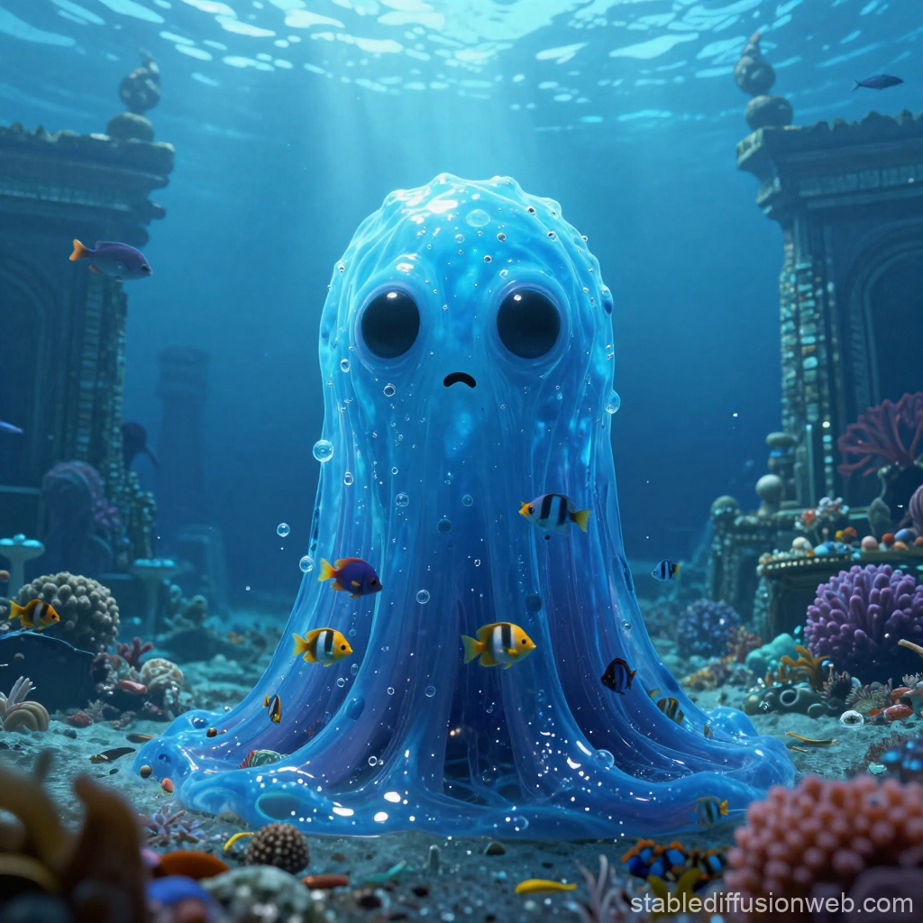 Cute Slimy Blue Monster Underwater with Tropical Fish