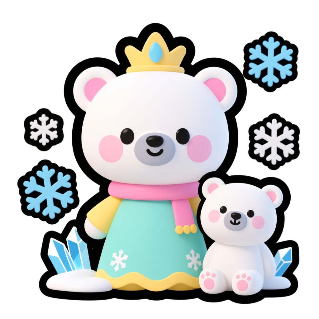 Cute Snow Queen Bear with Baby Polar Bear and Snowflakes