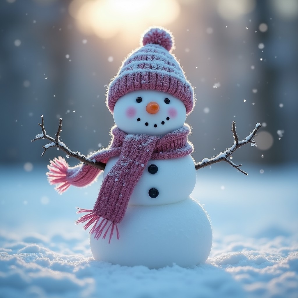 Cute Snowman Wearing Pink Hat and Scarf in Snowy Setting