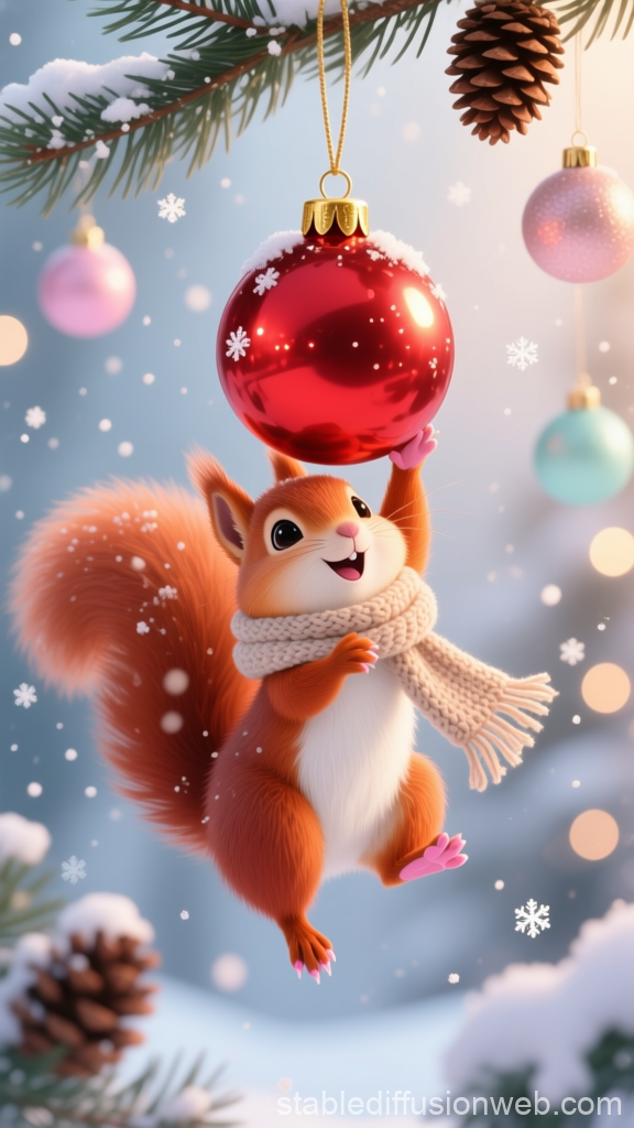 Cute Squirrel Hanging Christmas Ornament in Winter Scene
