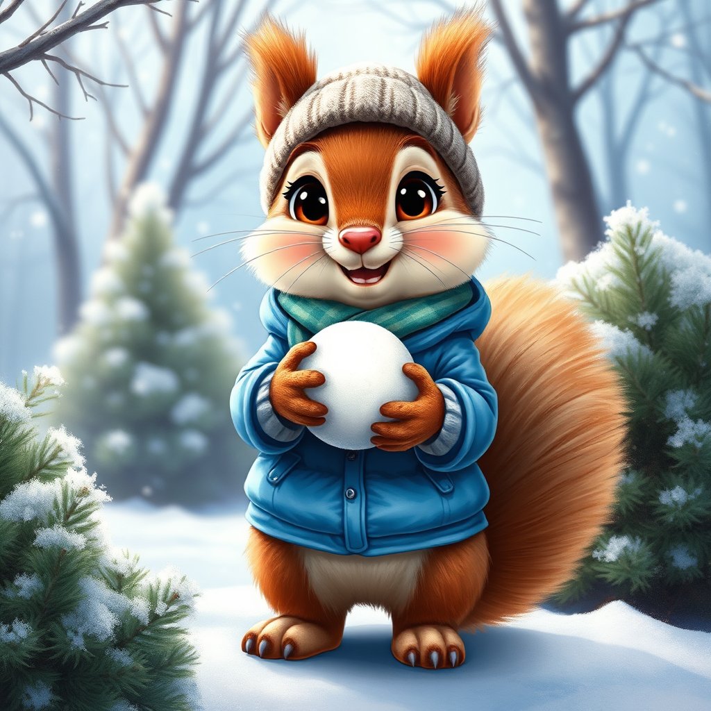 Cute Squirrel Holding Snowball in Winter Forest