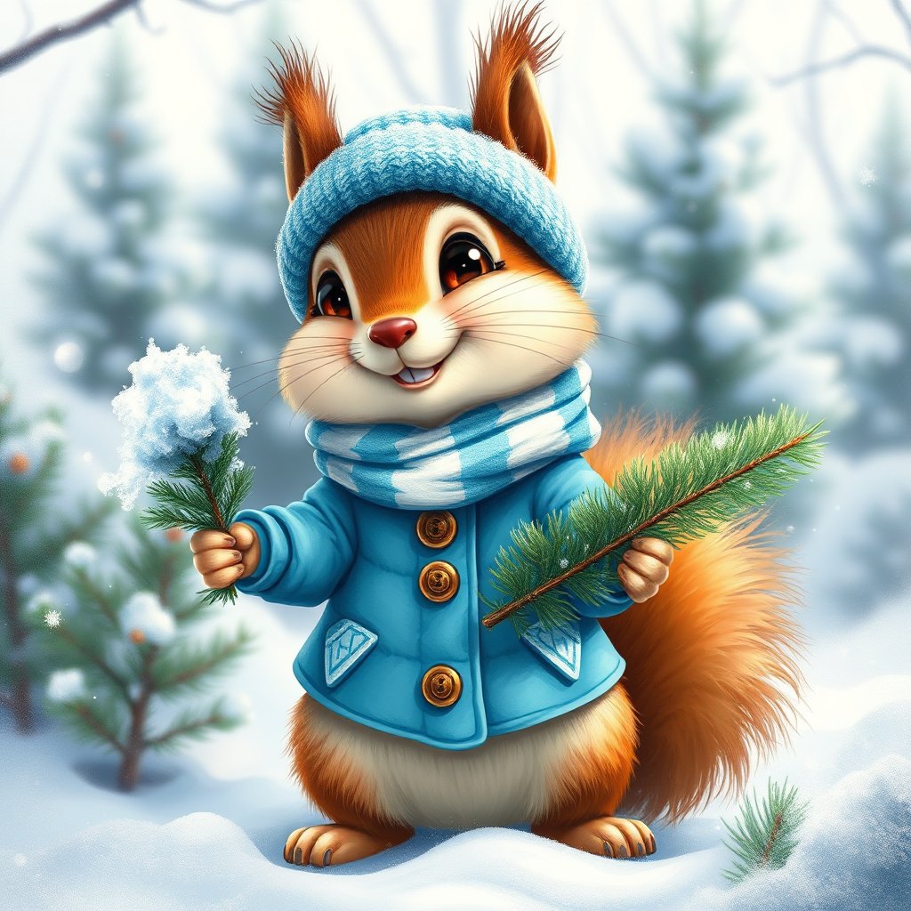 Cute Squirrel in Winter Outfit Holding Pine Branches