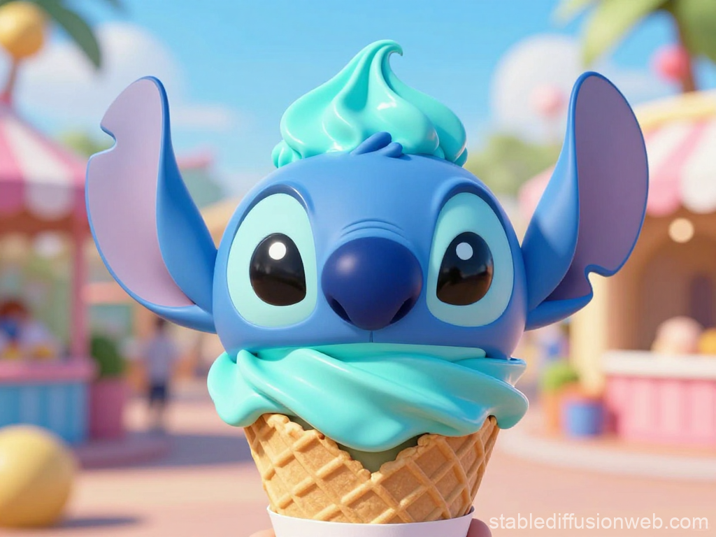 Cute Stitch Ice Cream Cone in Vibrant Theme Park