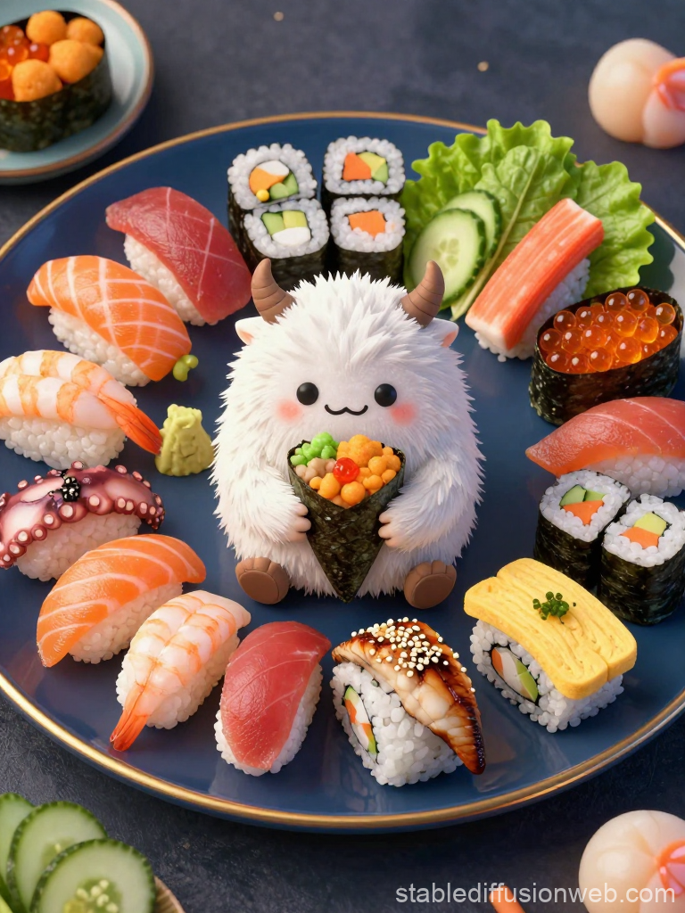 Cute Sushi Monster Surrounded by Assorted Sushi on Blue Plate
