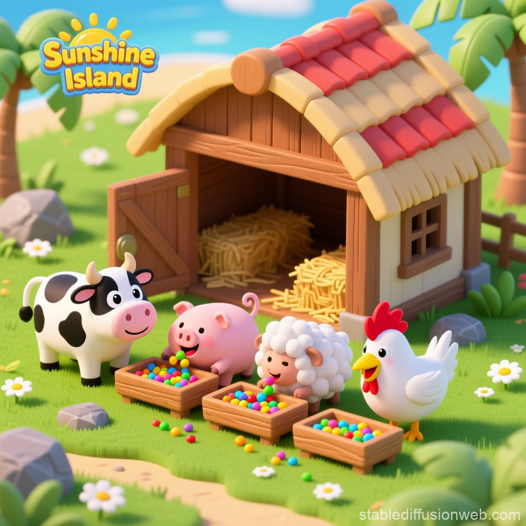 Cute Tropical Farm Animals Feeding Near Stable