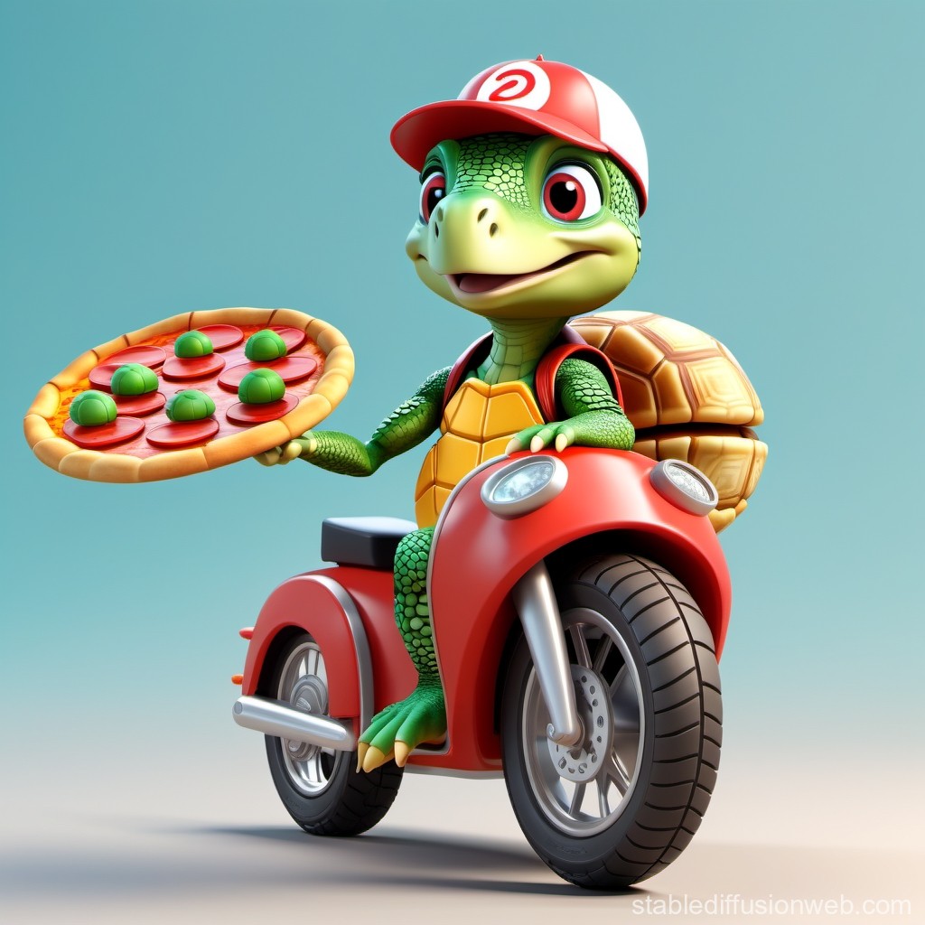 Cute Turtle Pizza Delivery on Red Scooter