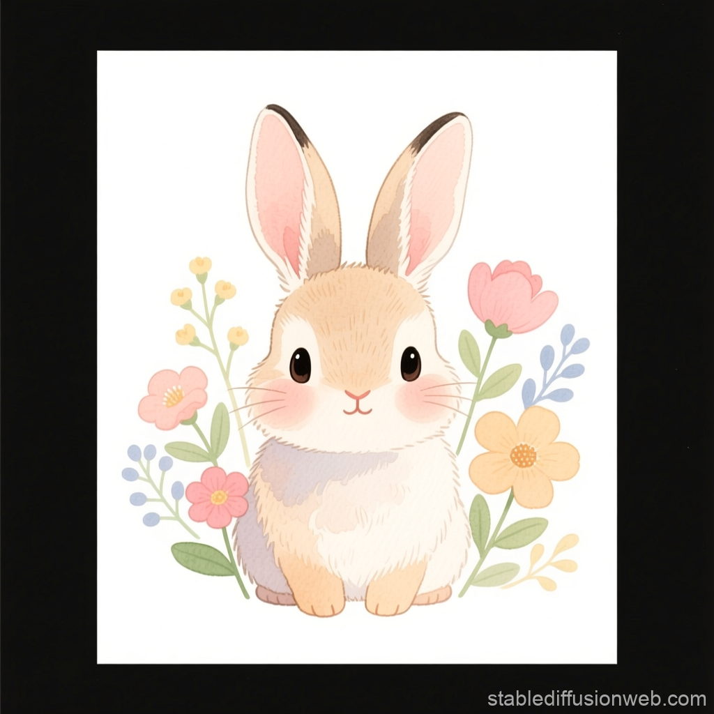 Cute Watercolor Bunny with Floral Accents