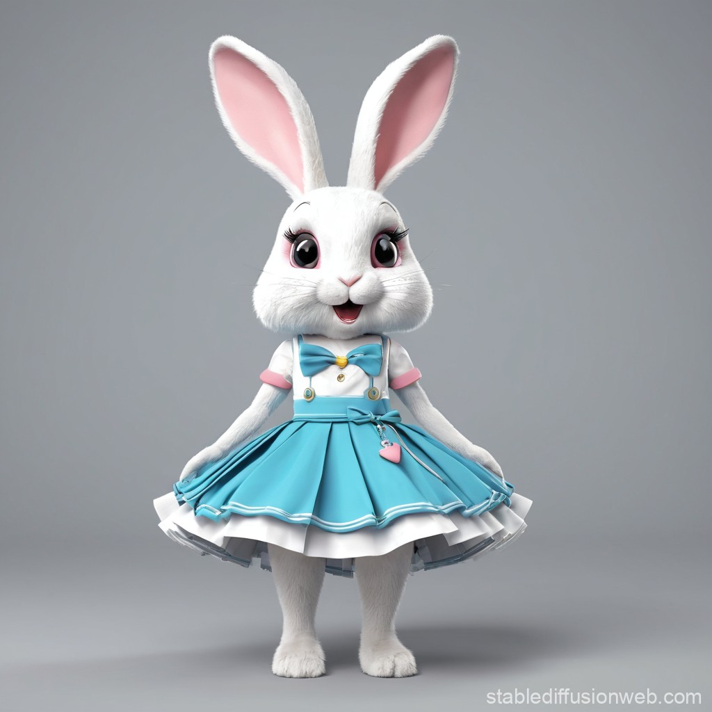 Cute White Bunny in Blue Dress