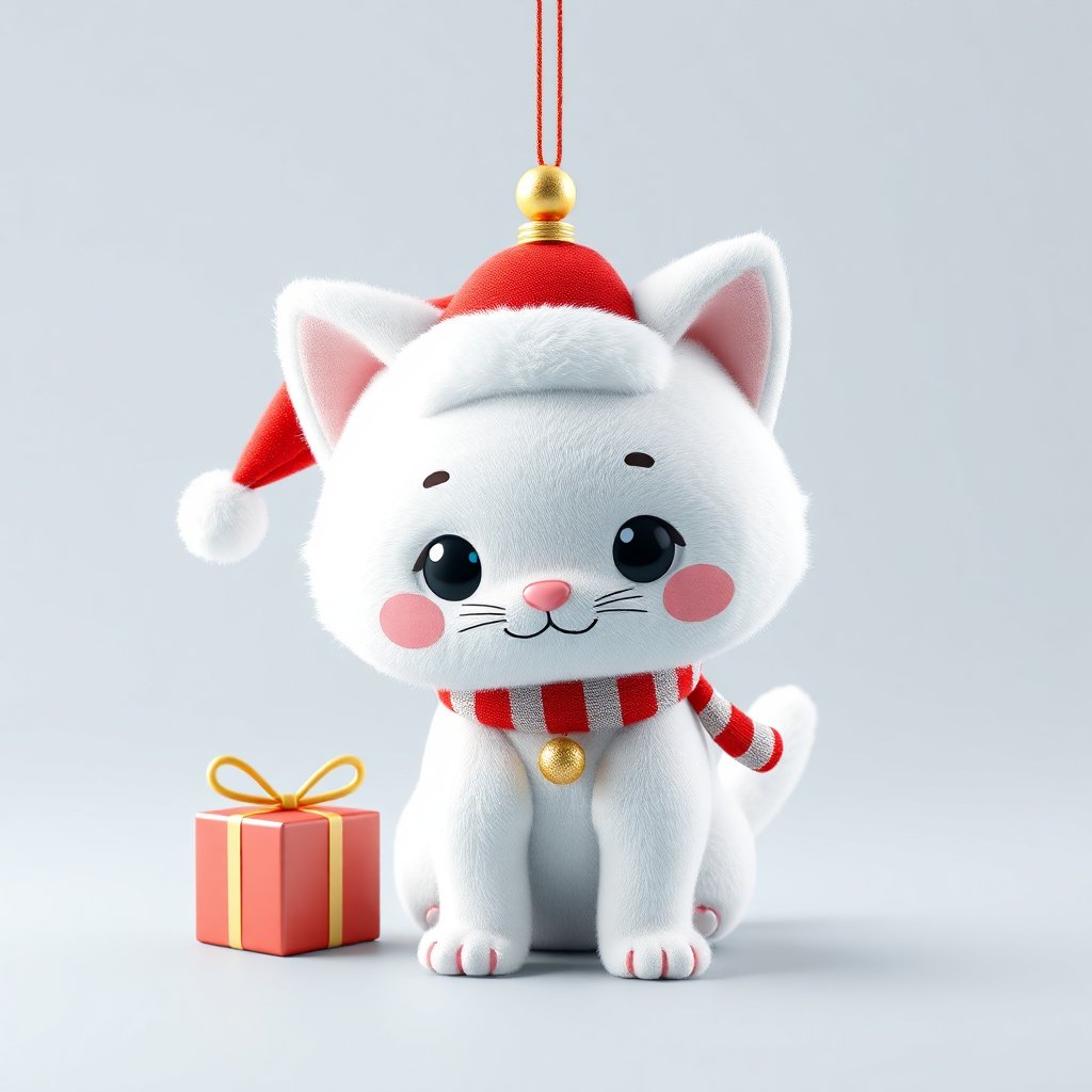 Cute White Cat Ornament with Santa Hat and Gift