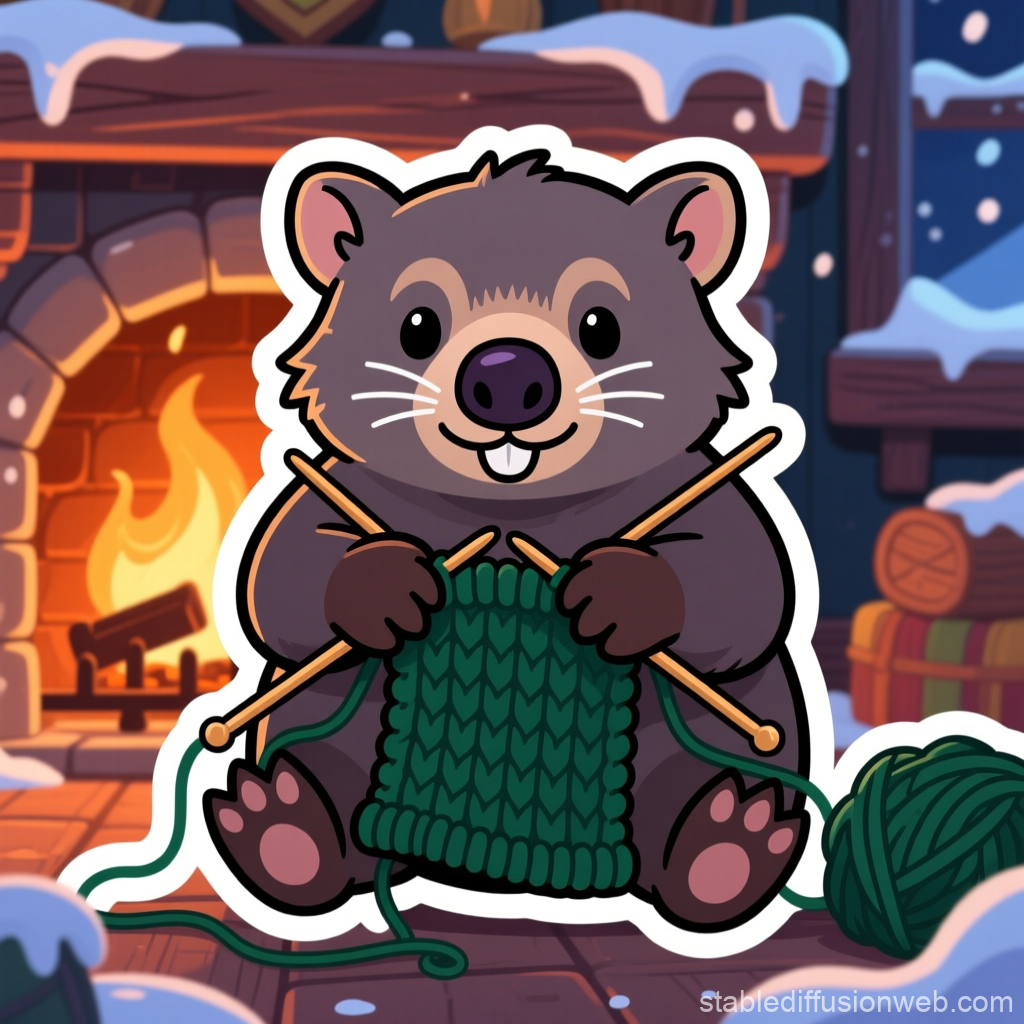 Cute Wombat Knitting by Cozy Fireplace