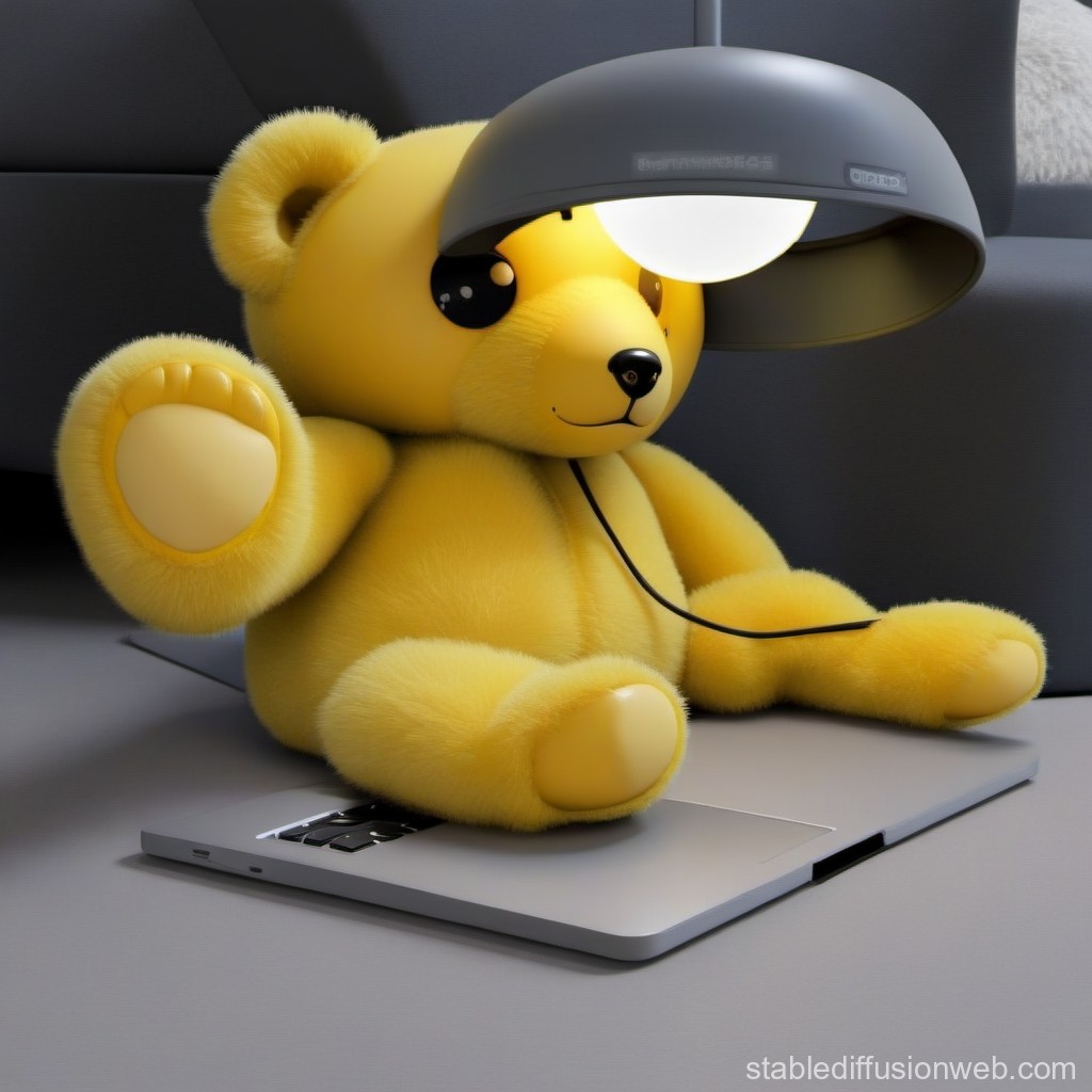Cute Yellow Teddy Bear Sitting on Laptop Under Desk Lamp
