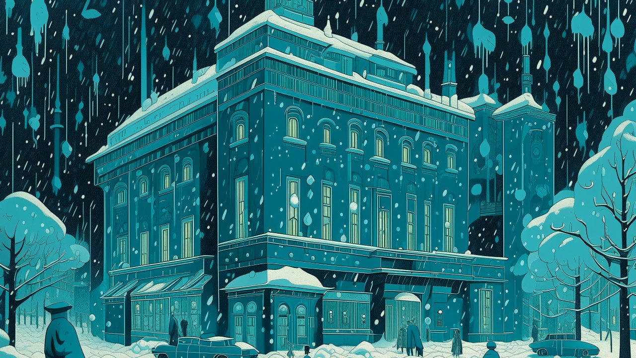 Cyan Casino in a Snowstorm at Night