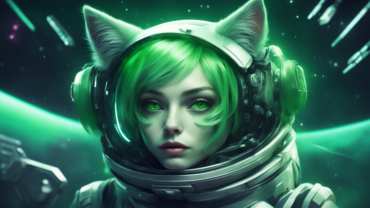Cyber Cat Girl Astronaut with Green Hair in Space