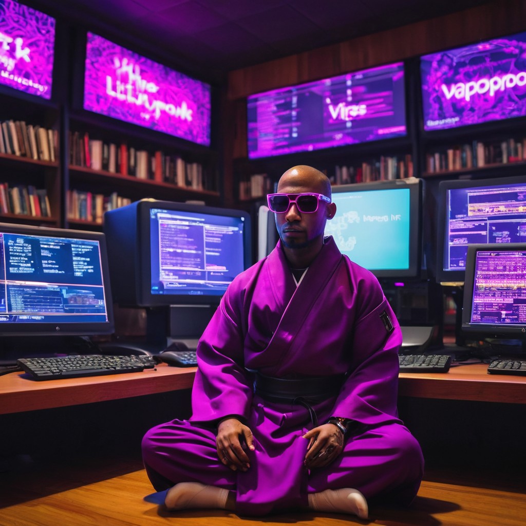 Cyber Monk Meditating in High-Tech Control Room