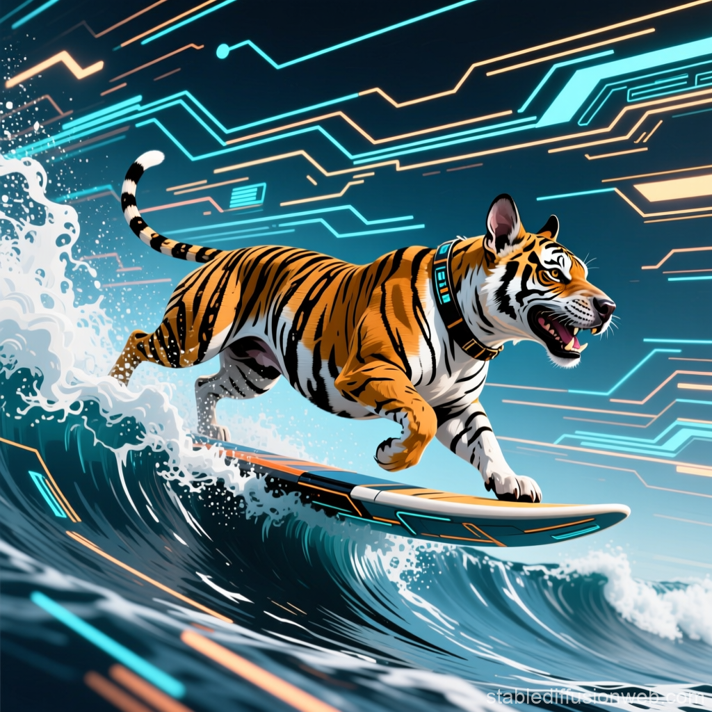 Cyber Tiger Surfing on Futuristic Waves