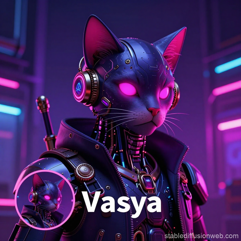 Cybernetic Cat Warrior with Neon Glowing Eyes