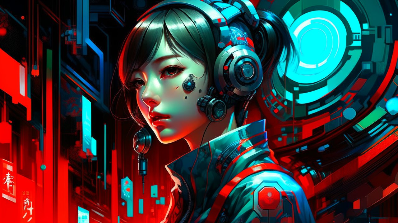 Cybernetic Woman in Futuristic Neon Cityscape