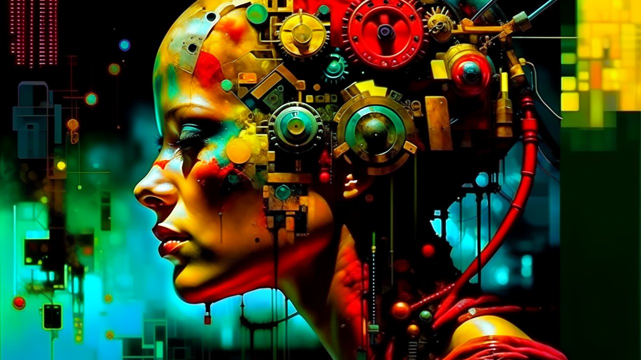 Cybernetic Woman with Mechanical Headgear in Vibrant Colors