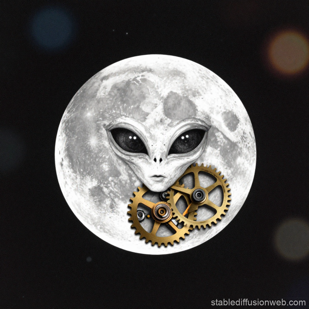 Cyberpunk Alien Face Emerging from Moon with Mechanical Gears