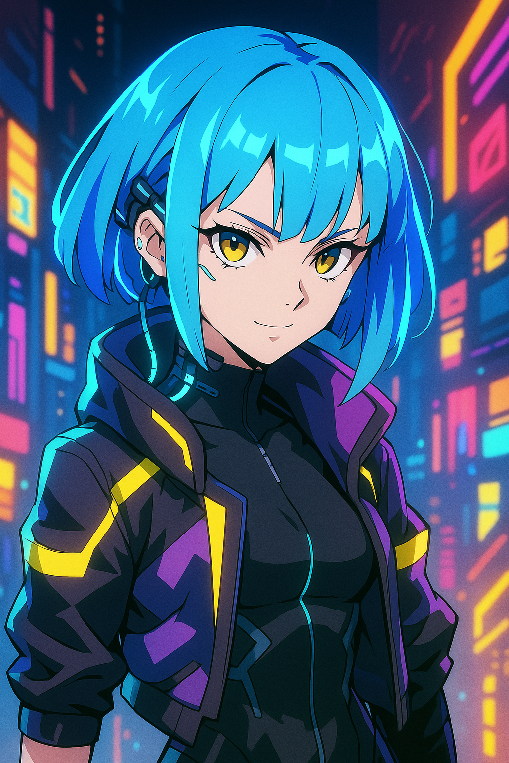 Cyberpunk Anime Female Netrunner with Blue Hair