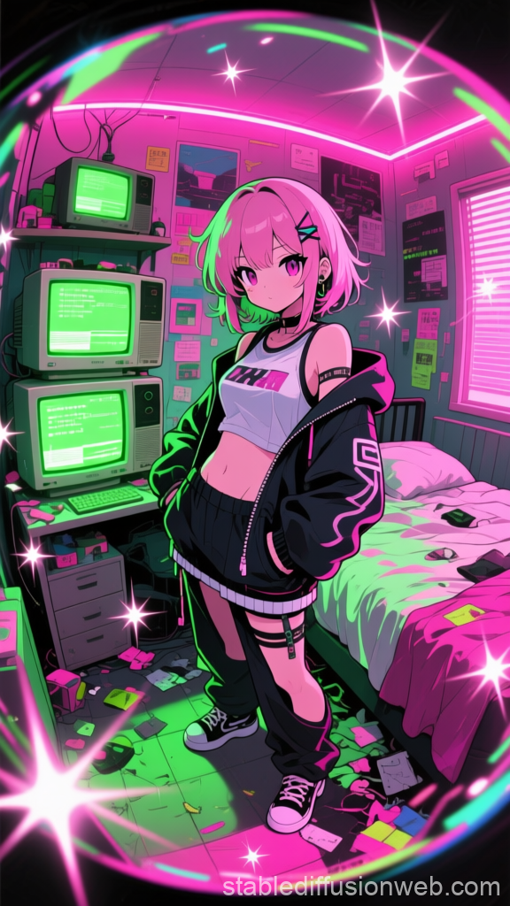 Cyberpunk Anime Girl in Neon-lit Bedroom