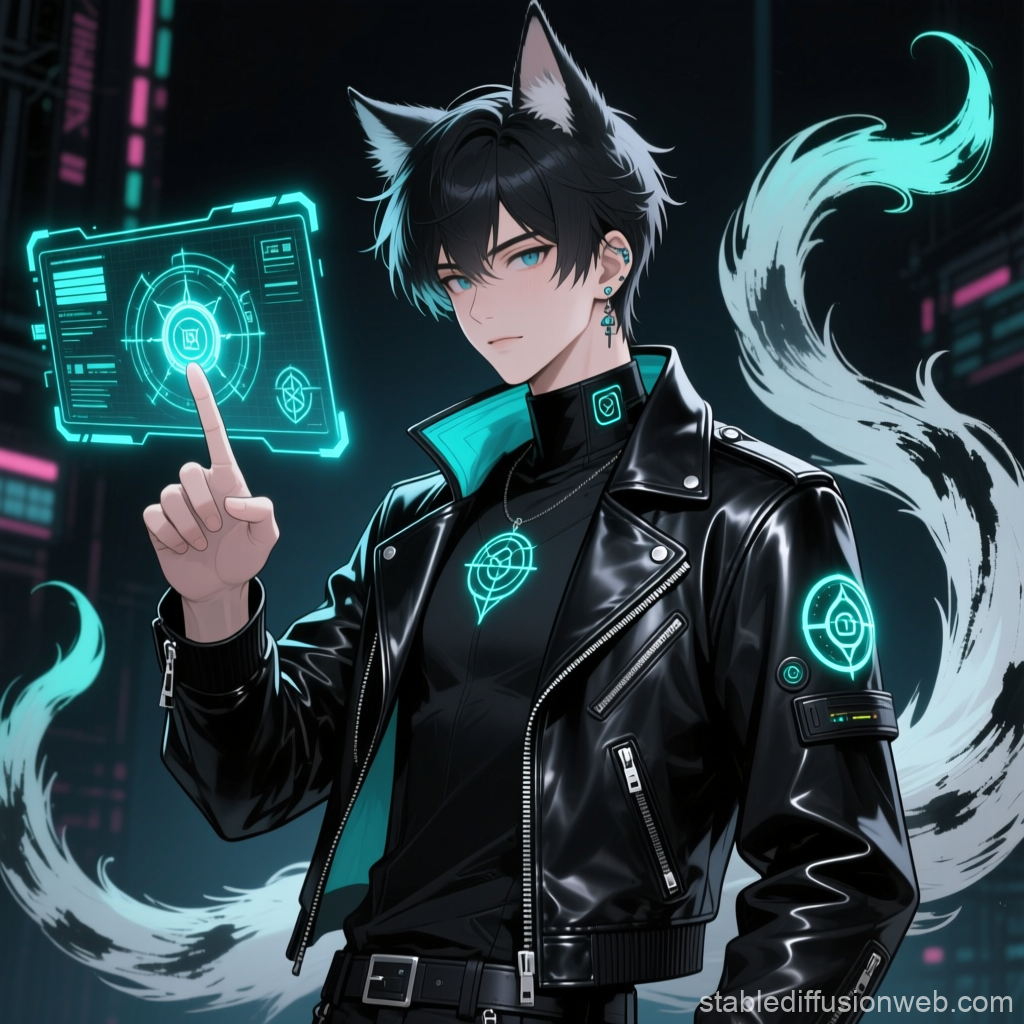 Cyberpunk Anime Man with Cat Ears and Holographic Interface