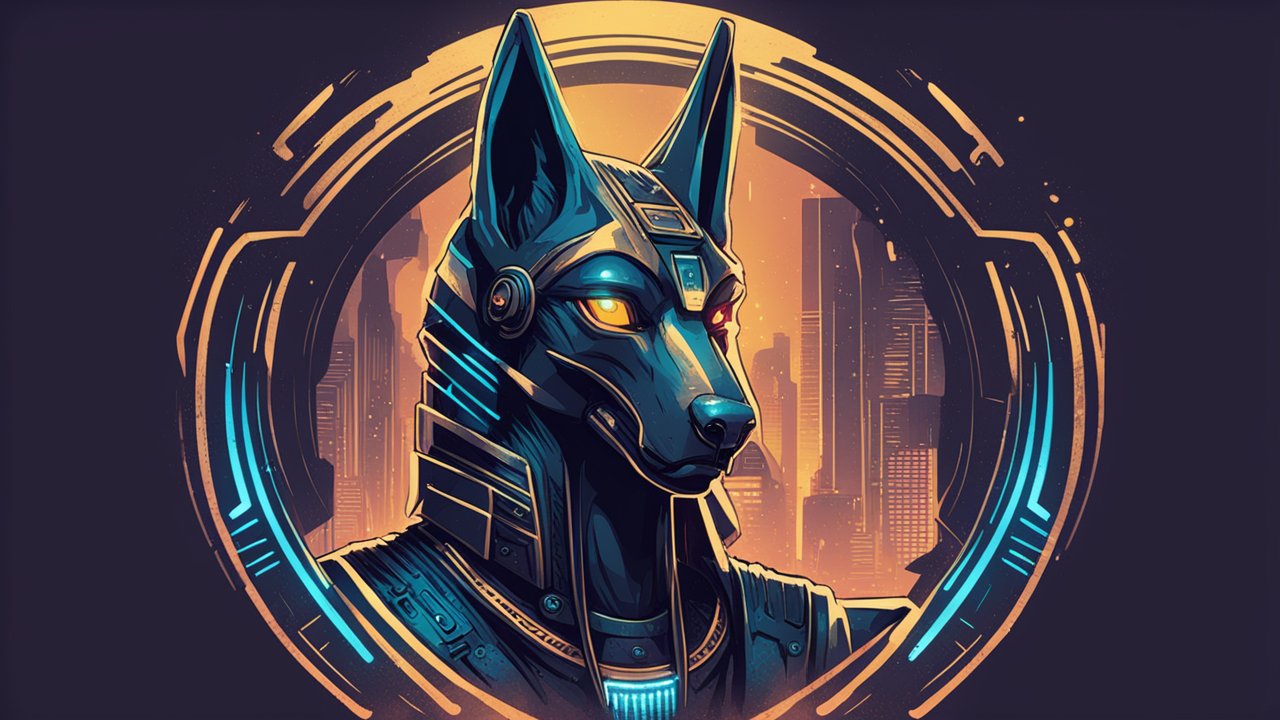 Cyberpunk Anubis with Futuristic Cityscape Background
