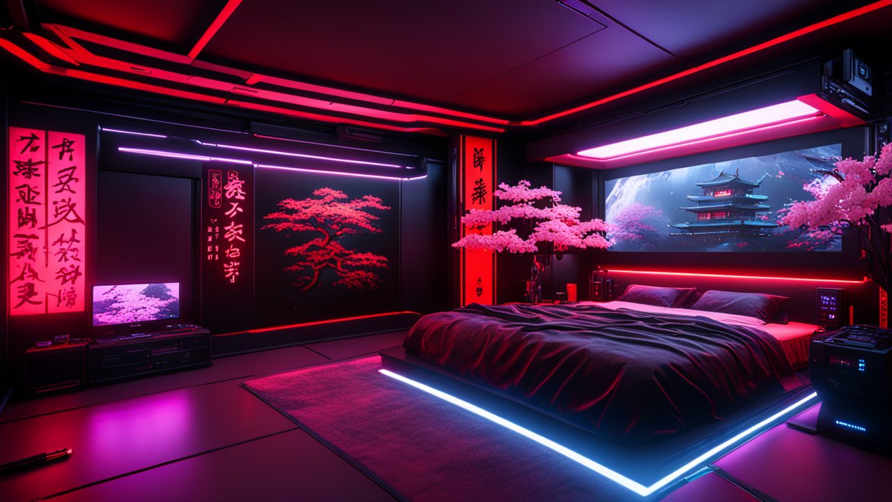 Cyberpunk Bedroom with Neon Lights and Futuristic Decor