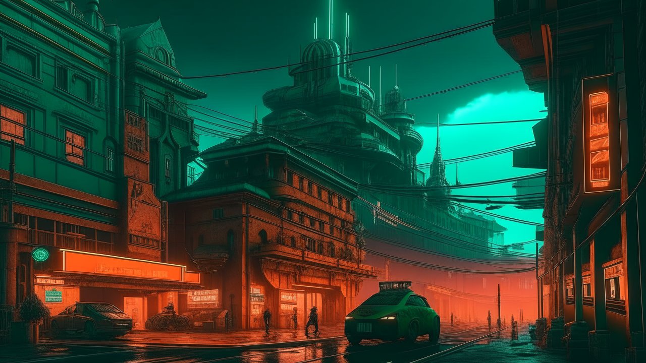 Cyberpunk Budapest Street Scene at Night