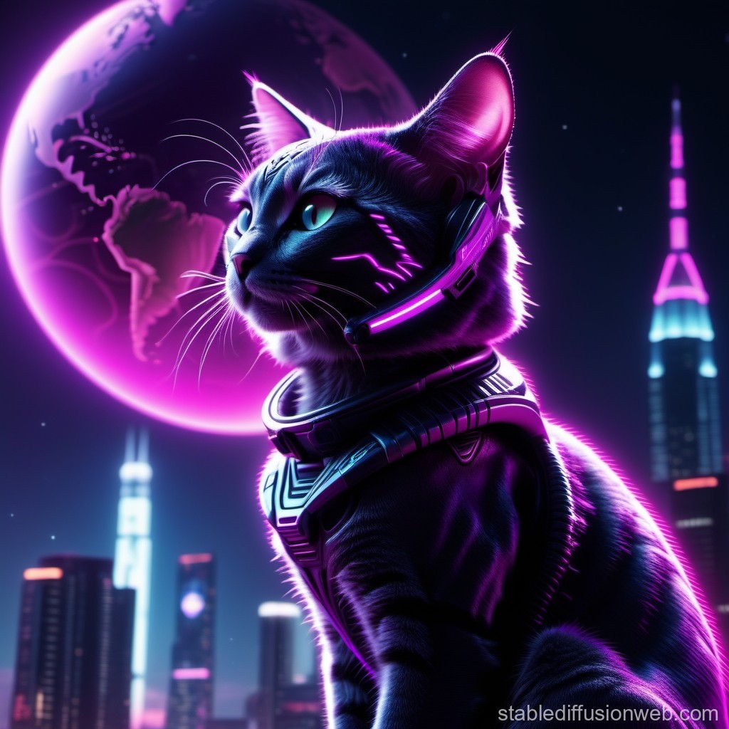 Cyberpunk Cat with Neon Earth in Futuristic Cityscape
