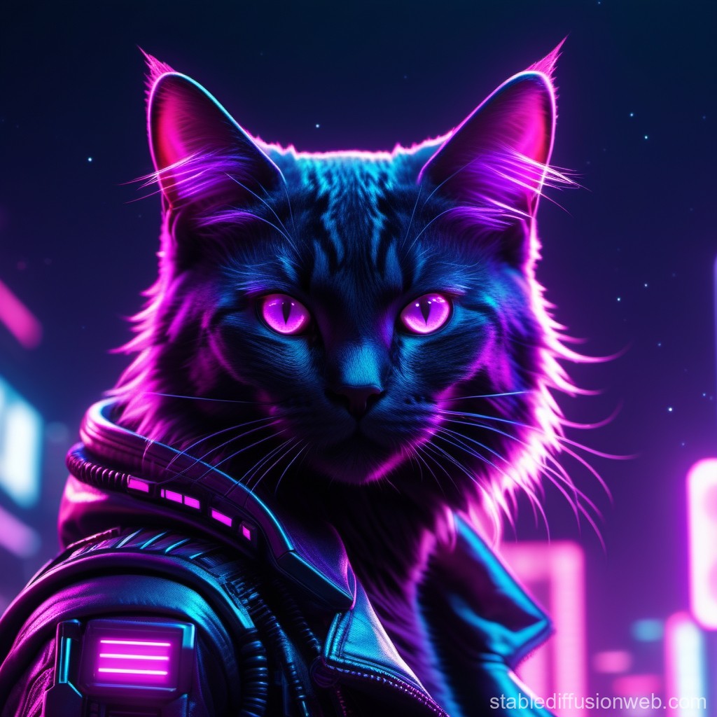 Cyberpunk Cat with Neon Glowing Eyes and Futuristic Jacket