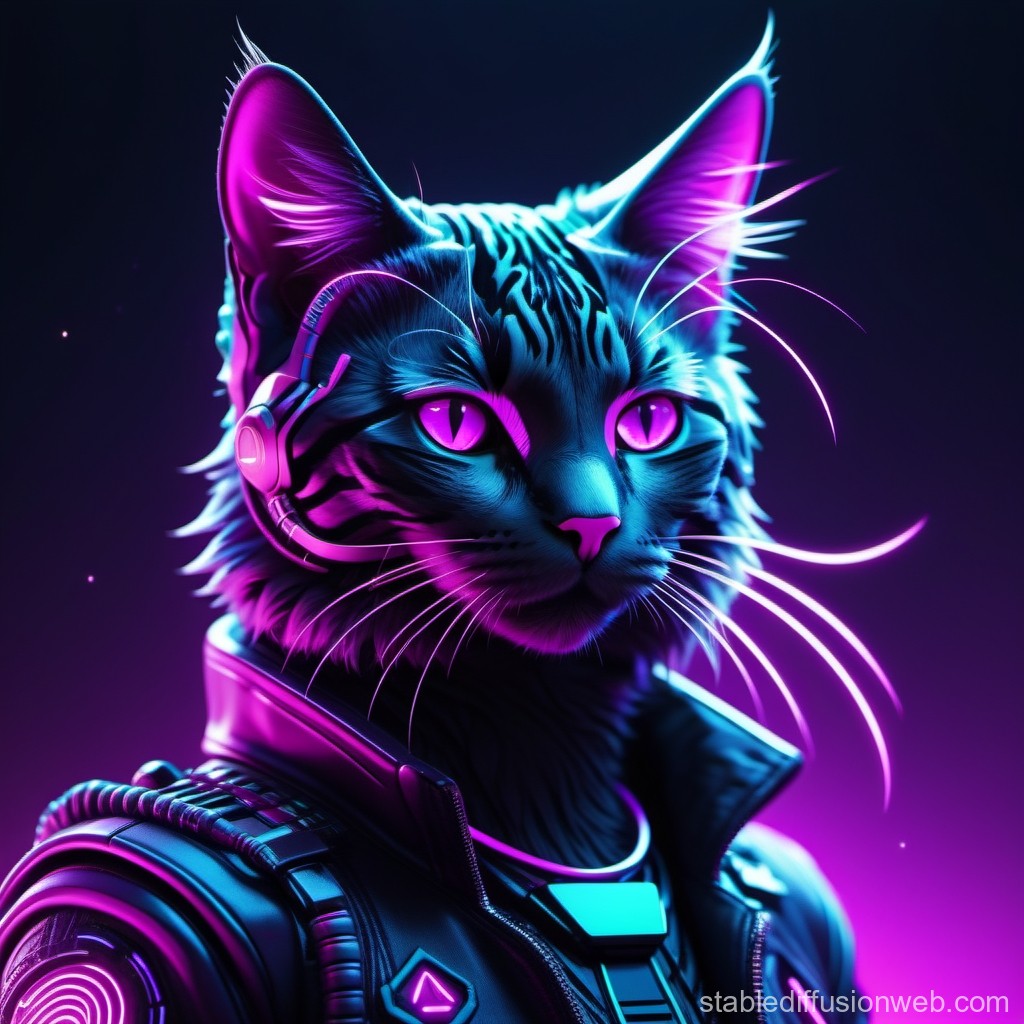 Cyberpunk Cat with Neon Headset and Futuristic Armor