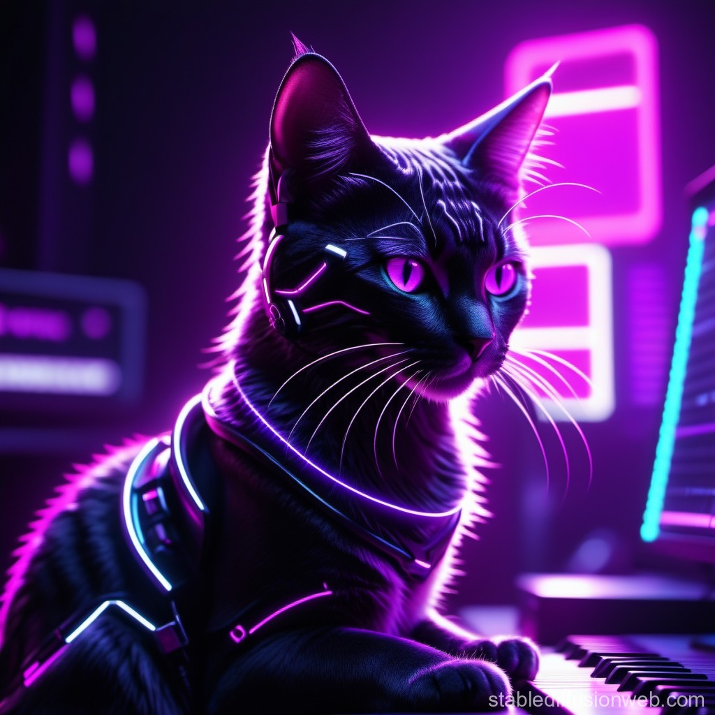 Cyberpunk Cat with Neon Lights at Keyboard