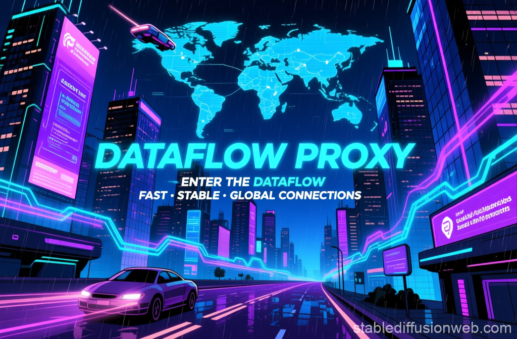 Cyberpunk Cityscape with Dataflow Proxy Advertisement
